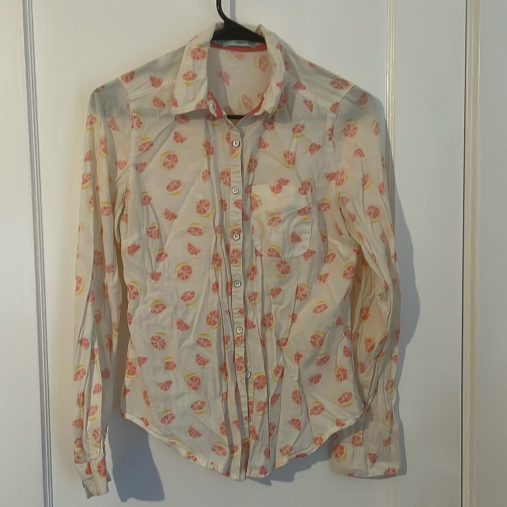 Maurice’s Grapefruit patterned white button up shirt